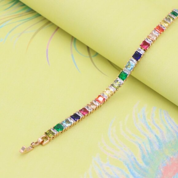 "Rainbow CZ Rose Gold Bracelet with Square Cut Stones, Vibrant Style, XPBL0742 - Picture 6 of 12